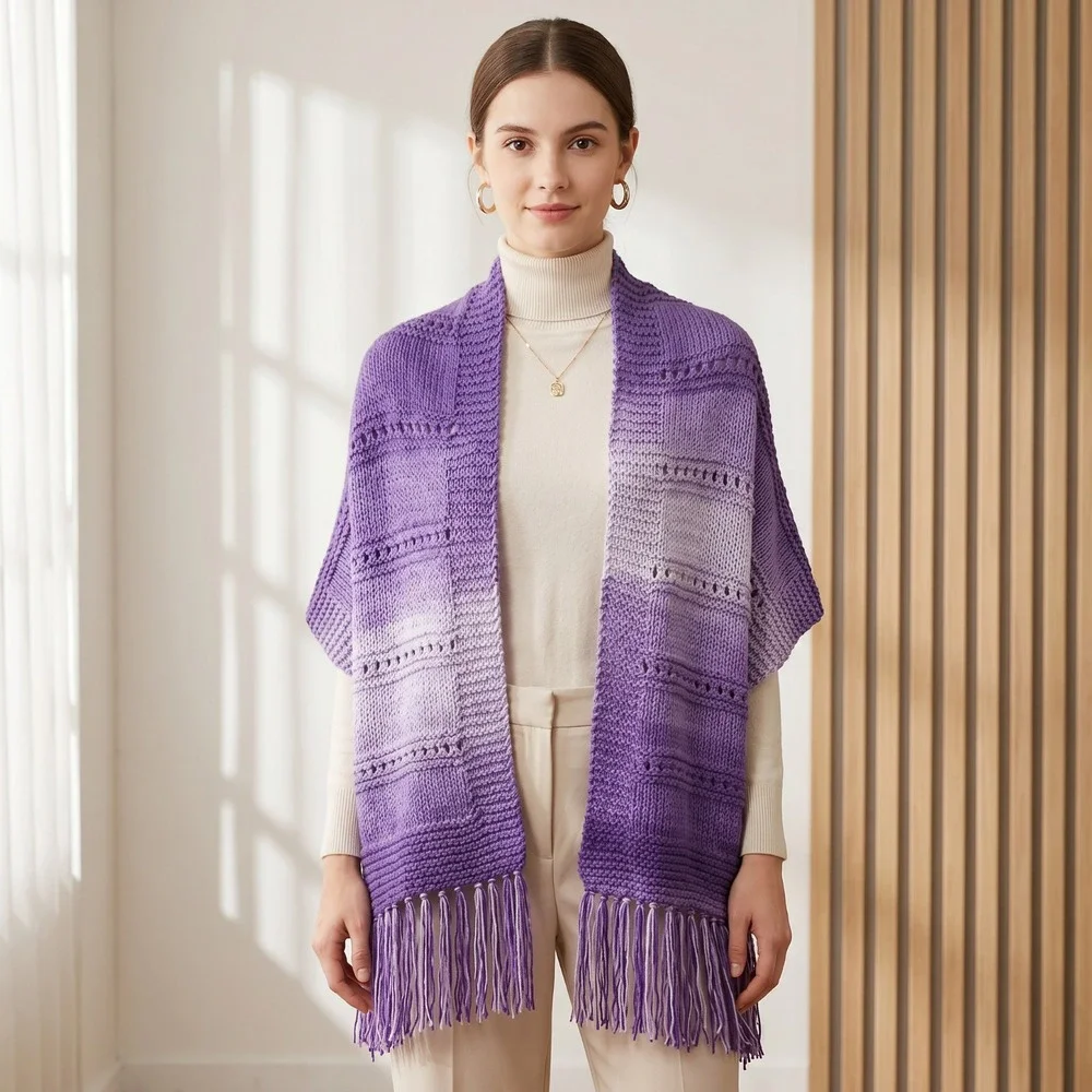 NEW Purple Ombre Eyelet Hand Knitted Shawl Wrap Boho‎ Hippie Womens Artsy Indie